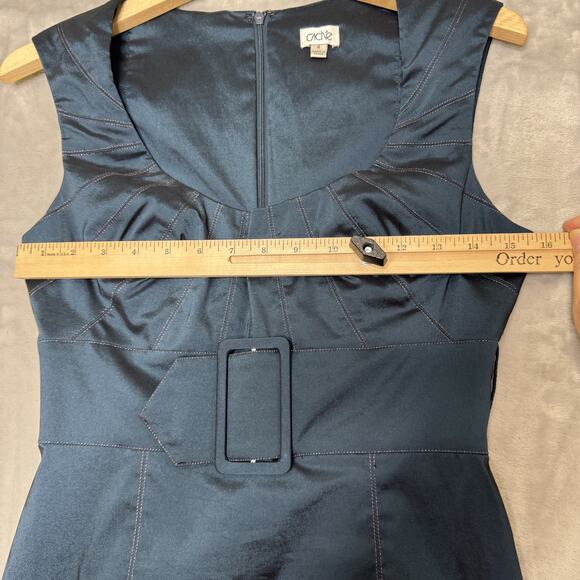Cache Dress Womens 4 Navy Blue Sleeveless Belted Fitted Sheath Cocktail Party - Picture 7 of 14